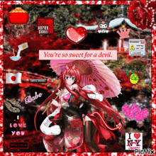 a picture of a girl holding an umbrella with the words " you 're so sweet for a devil " on it