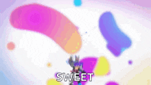 a cartoon character is standing in front of a colorful background and the word sweet is written on it .
