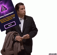 a man in a suit next to a galaxy compressor advertisement