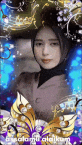a woman wearing a hijab is surrounded by music notes and a butterfly