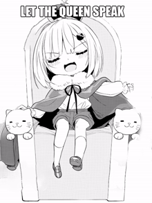a black and white drawing of a girl sitting in a chair with the words let the queen speak