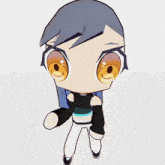 a cartoon character with blue hair and yellow eyes is standing on a white surface