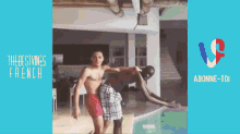 two men are dancing in front of a blue background that says the best vines french
