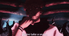 a cartoon character says come take a seat while holding his hand to his face
