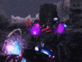 a computer generated image of a robot with purple glowing eyes