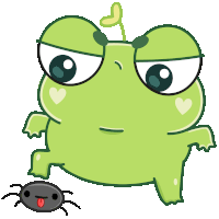 a green frog standing next to a black spider with its tongue sticking out