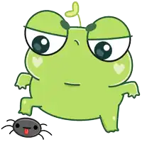 a green frog standing next to a black spider with its tongue sticking out