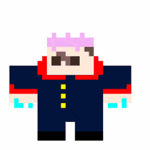 a pixel art of a man with pink hair and sunglasses holding a blue sword .