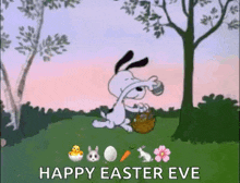 snoopy is sitting in the grass with a basket of easter eggs and a cup of coffee .