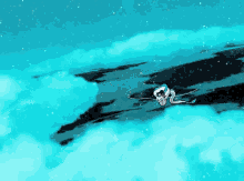 a drawing of a person flying through a cloudy sky