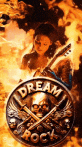 a painting of a woman holding a guitar and a coin that says dream rock on it