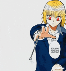 a drawing of a boy holding a chain with the words he 's hiding something important at the bottom