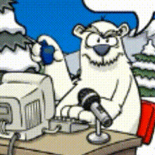 a polar bear is sitting at a desk with a microphone