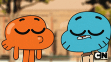 two cartoon characters are standing next to each other with cn written on the bottom