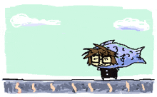 a pixel art drawing of a man holding a fish and a sign that reads 50 km / h
