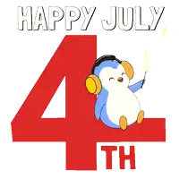 a happy july 4th poster with a penguin wearing headphones and holding a firework