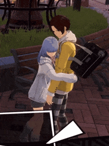 a man in a yellow jacket is hugging a girl in a white jacket