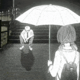 a black and white drawing of a girl holding an umbrella over a boy