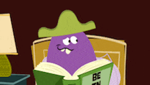 a purple cartoon character is reading a book called be taken