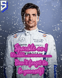 a man in a williams racing jacket is surrounded by snowflakes