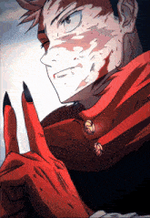 a drawing of a man with blood on his face and a red scarf around his neck