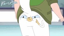 a poster for finna and cake shows a cartoon character making an angry face