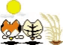 two foxes are standing next to each other in a field with a plant .