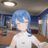 a girl with blue hair and white clothes is smiling in a room