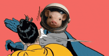 a cartoon of a man being punched by a pig wearing a space suit