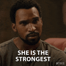 a man with a beard says she is the strongest in a netflix ad