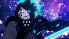 a drawing of a person with blue eyes and a black hood