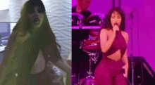 a woman is singing into a microphone on a stage next to a picture of a woman singing into a microphone .