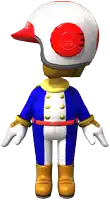 a cartoon character wearing a helmet and a blue and white suit