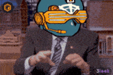 a man in a suit and tie has a cartoon character on his head with a helmet on