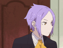 a girl with purple hair is wearing a black suit and yellow tie