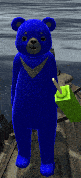 a blue teddy bear is standing on a wooden dock