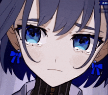 a close up of a girl with blue eyes