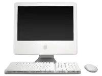 a white apple computer monitor with a keyboard and mouse