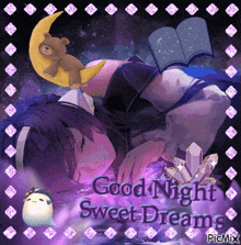 a picture of a girl sleeping with a teddy bear on a crescent moon and the words good night sweet dreams