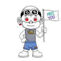 a cartoon character holding a miss you flag