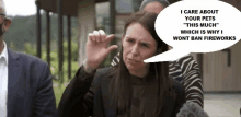 a woman with a speech bubble that says " i care about your pets this much "