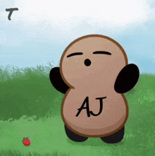 a cartoon character with aj written on its chest