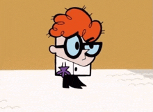 dexter from dexter 's laboratory is wearing glasses and a purple bow tie