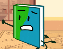a green and blue book with a face and arms