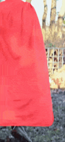 a person wearing a red cape is walking on a dirt road .