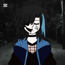 a drawing of a girl with black hair and blue streaks has the number 35 on her face