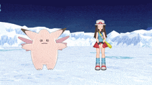 a girl in a red hat is standing next to a pink pokemon