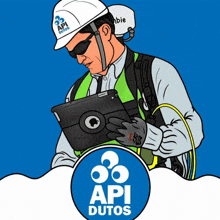 a cartoon of a man wearing a hard hat and holding a tablet with the words api dutos on the bottom right