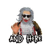 a man in a zombie costume with the words and here we above him