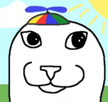a cartoon drawing of a cat wearing a rainbow hat
